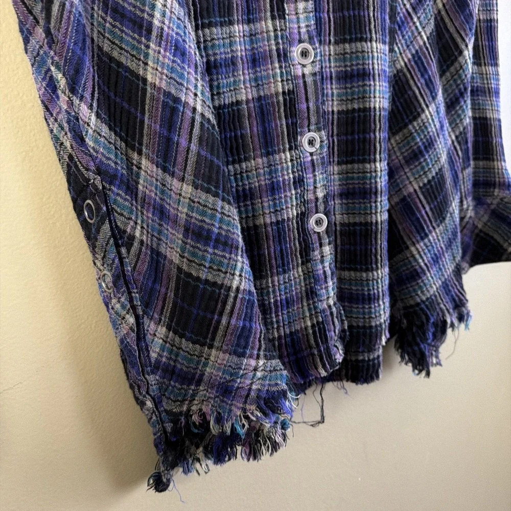 Free People Women's S Plaid Button Up Shacket Juniper Ridge Snap Side Raw Hem